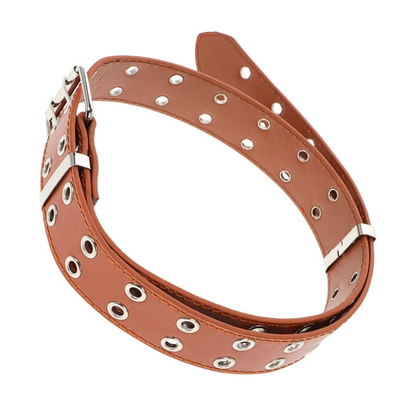 OUNONA Women's Double Grommet Belt Punk Chain Belt Wide PU Waist Belt Brown Studded Belt Plus Size Adjustable Grommet Belt for Women Girls