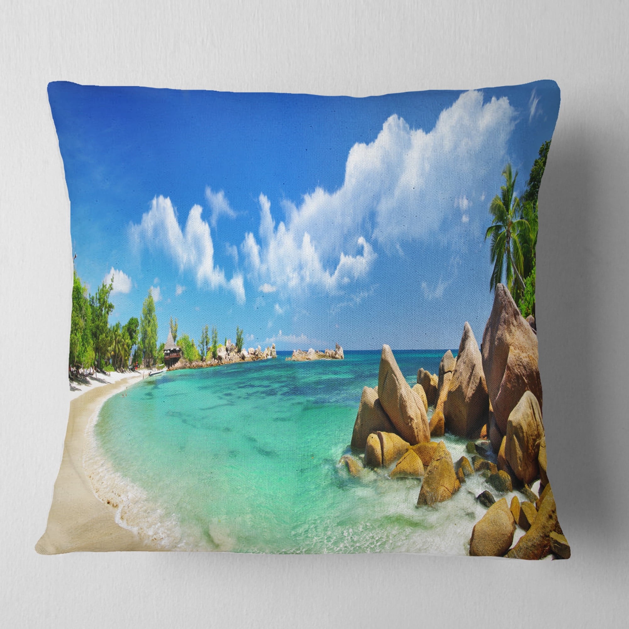 Designart Seychelles Islands Panorama - Landscape Photography Throw Pillow - 18x18