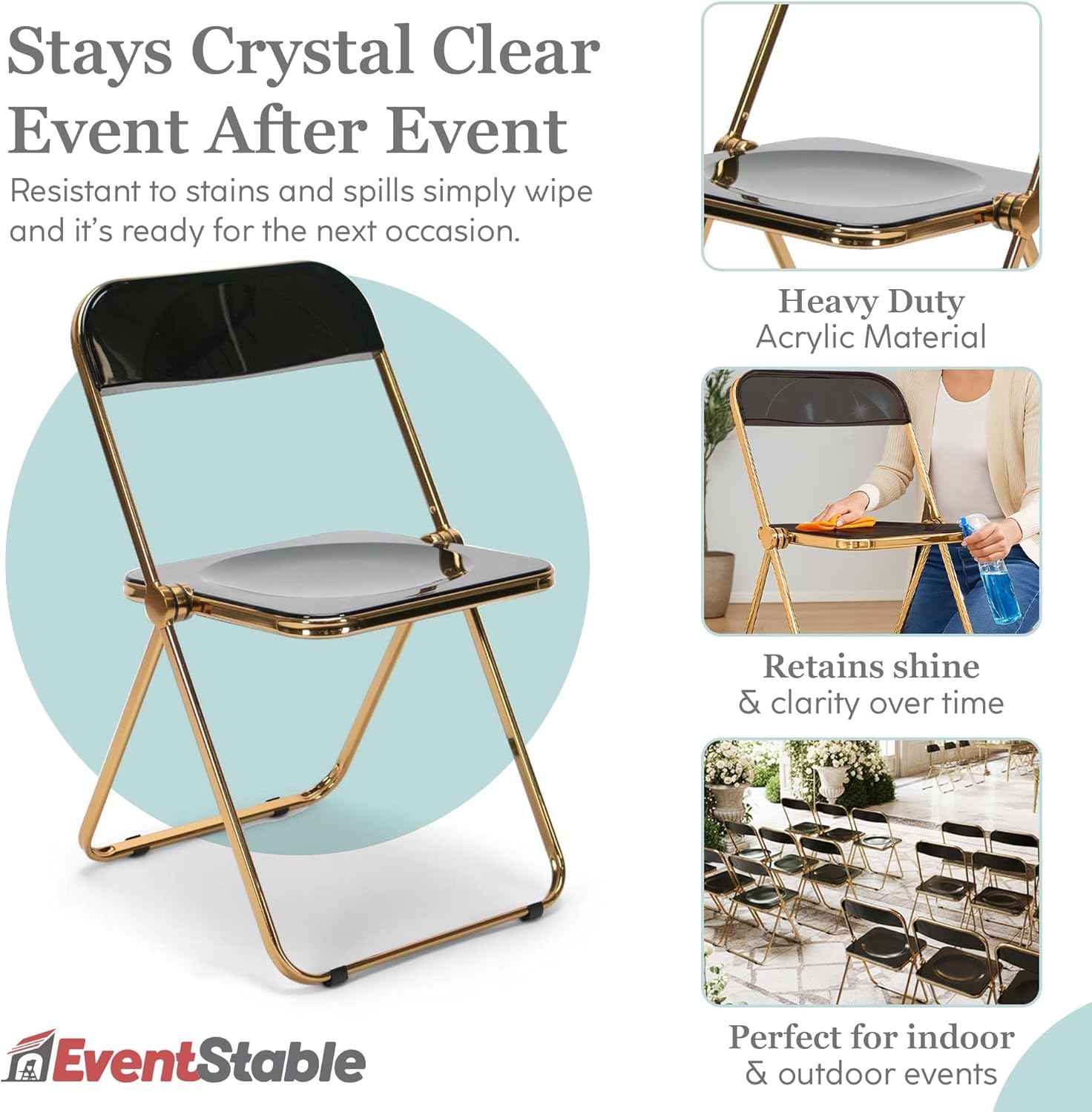 EventStable Clear Acrylic Folding Chair with Electroplate Gold Frame, Lightweight Portable Seating Stackable Comfortable Chair for Indoor Outdoor Dining, Events & Parties - Onyx - 4-Pack