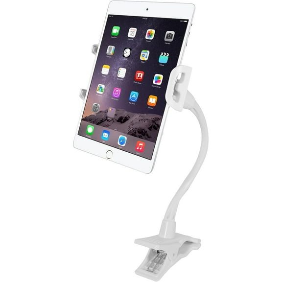 Macally Gooseneck Tablet Holder for Bed, Desk, Stroller, Bike, Airplane - Perfect as Cell Phone Clip Mount, Tablet Clamp Mount, iPhone Holder, or iPad Holder - Easy to Use and Universal Compatibility