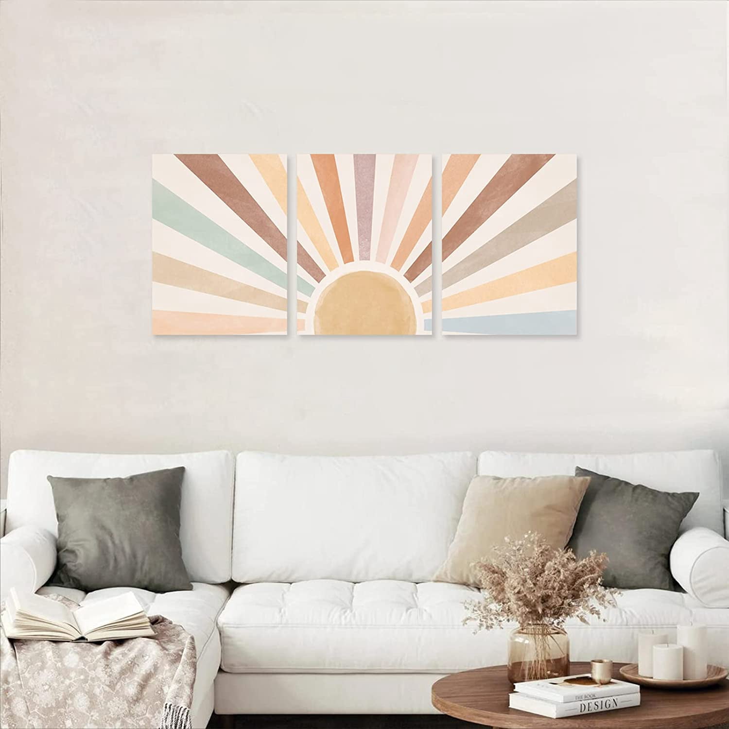 Boho Sun Wall Art Set of 3 Framed Canvas Wall Art Rainbow Sun Rising on the Horizon Geometric Nature Illustrations Line Art Wall Mid-Century Modern Prints Boho Wall Decor 12"x16" Watercolor