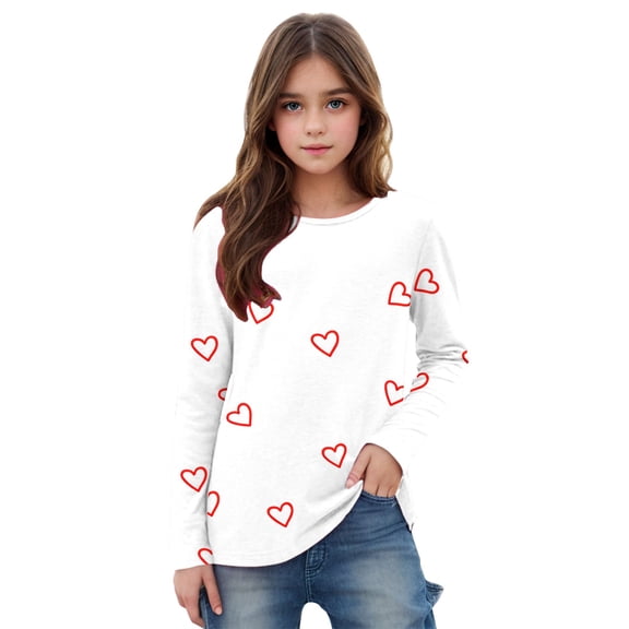 ATOGUTA Girls' T-Shirts Girls Casual Long Sleeve Shirts Valentine's Day Pullover Tops White, Size 3T-14