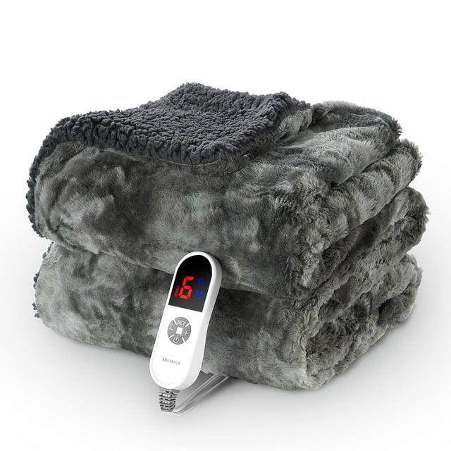 MARNUR Electric Blanket Heated Throw 50" x 60", Heating Blanket with Soft Faux Fur & Shu Velvet, Large LED Display, 6 Heating Levels, 4 Hours Timer, Tie-Dye Grey