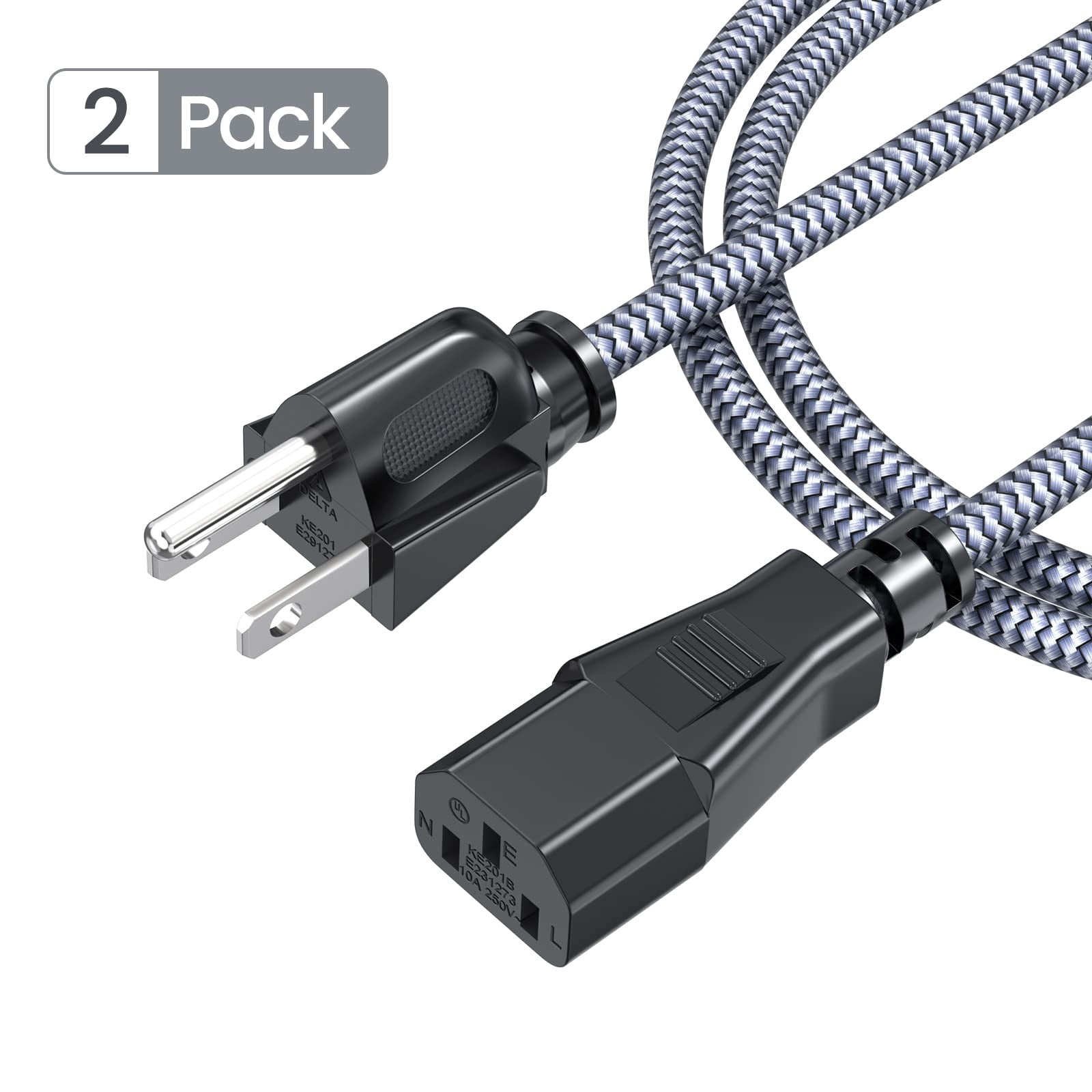Quyaojz Power Cord, [6.6FT, 2-Pack] AC Power Cable 10A 250V Nylon Braided 3 Prong Power Cord 18AWG Replacement 3-Pin Power Cables UL Certified for Computer, TV, Monitor, Printer, PC, Projector