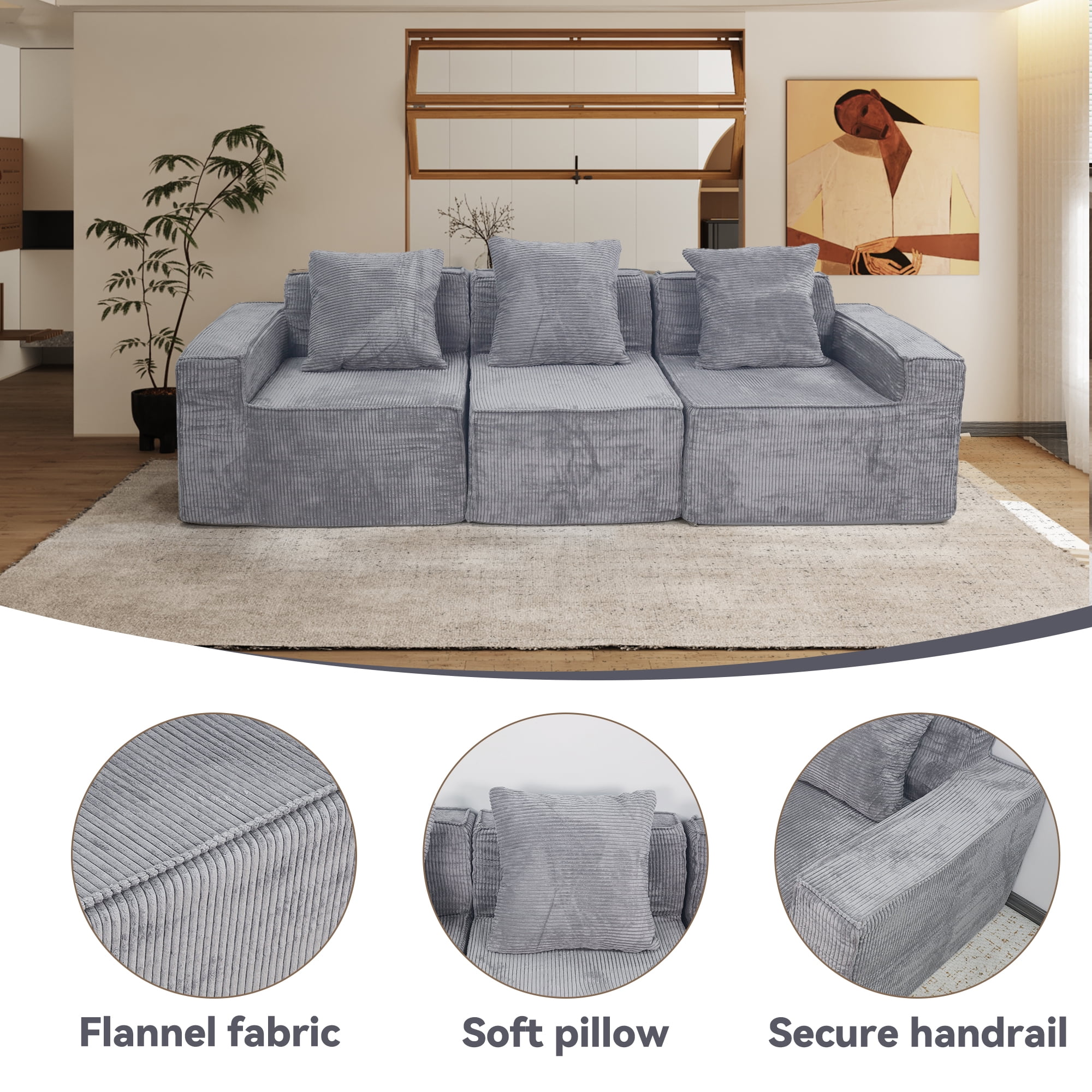 Leumius 82" 3 Seater Modular Cloud Sofa,Corduroy Upholstered Boneless Couch with Pillow Back Support Armrest,Fluffy Cloud Couches for Living Room Bedroom,No Assembly Required,Light Gray