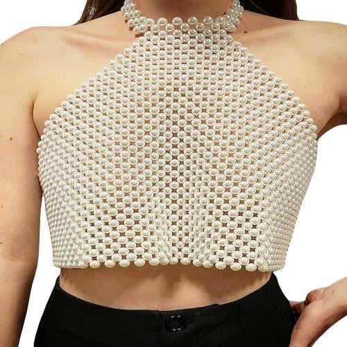 Women Pearl Beaded Short Top Pearl Body Chain Tank Top Sleeveless Spaghetti  Strap Camisole Tank Top Party Club Wear 