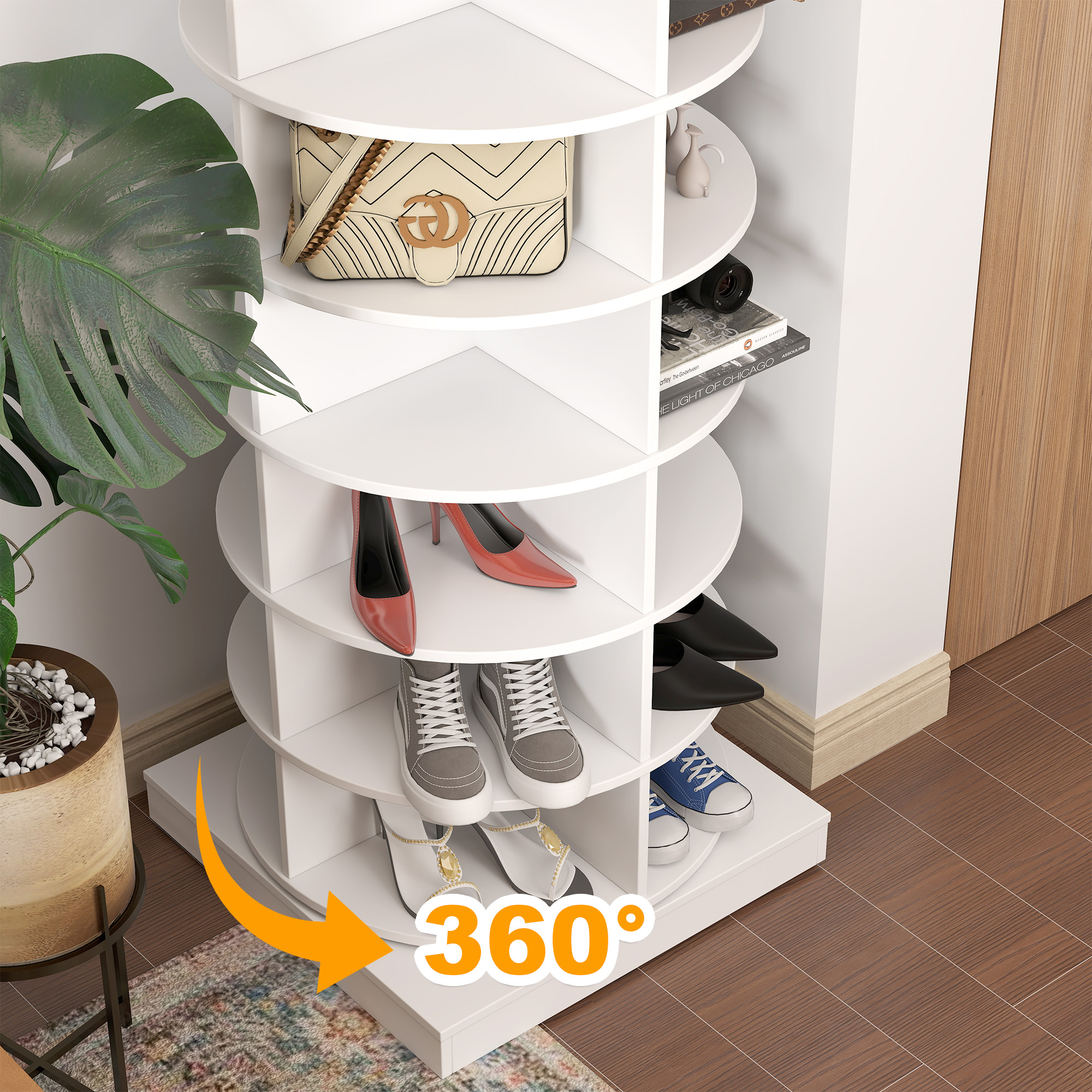 Aukfa 7-Tier Rotating Shoe Rack Tower, 360° Spinning Shoe Display Closet Organizer, White