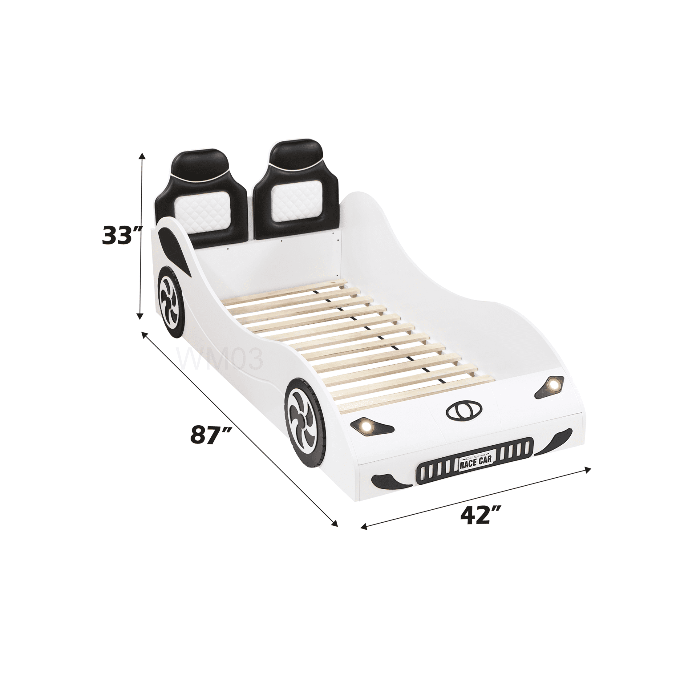 Twin Size Low Profile Platform Car Bed with LED Lights and PU Leather Upholstery, White