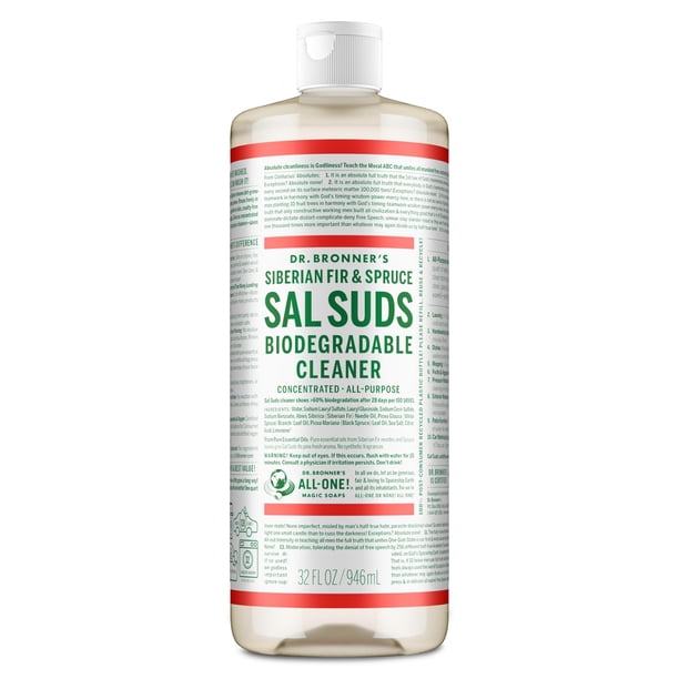 Dr. Bronner's | Sal Suds limpiador multiuso biodegradable de pino, concentrado y potente, ideal para pisos, ropa, platos y más; suave con la piel, fuerte contra la suciedad - 946 ml (1 Pack