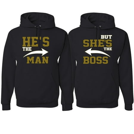 He's the Man She's the Boss Funny Classic His and Hers Matching Couples Hoodies Sweater Set, Black, Mens S-Womens S
