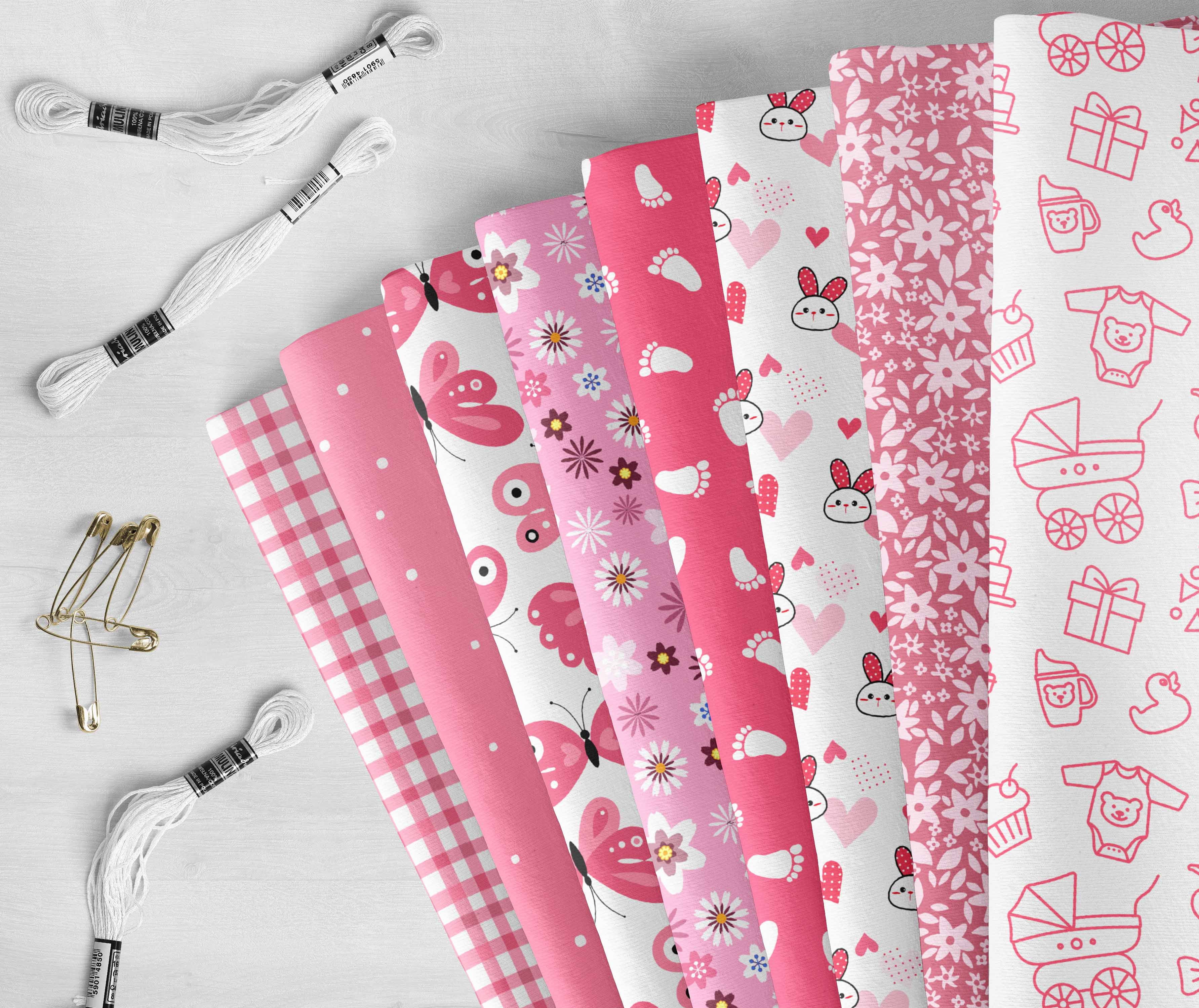 Soimoi 8 Pc Fat Quarter Bundle,Baby GirlPrint 18"x 22"DIY Patchwork-100% CottonPre-Cut Quilting Fabric Pink & White
