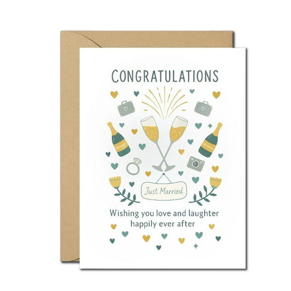 Just Married Congratulations Card - Elegant Design with Champagne & Hearts – Perfect for Weddings & Anniversaries