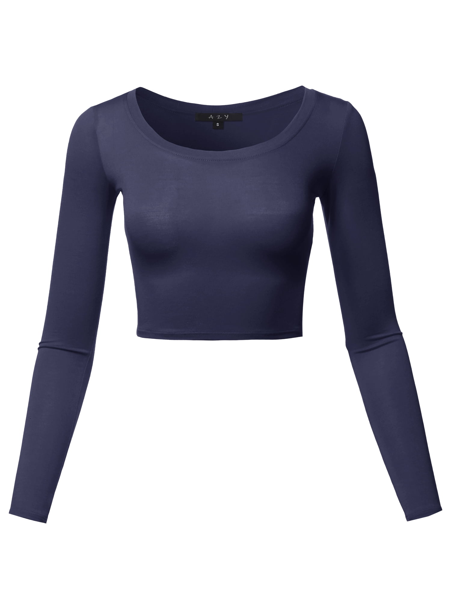 A2y Womens Basic Solid Stretchable Scoop Neck Long Sleeve Crop Top Navy L 