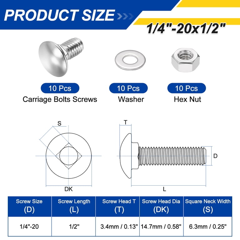VGBUY 1/4-20 X 2-1/2" Carriage Bolt Kit – 16 Sets, 304 Stainless Steel, With Nuts & Flat Washers – Round Head, Square Neck, Full Thread