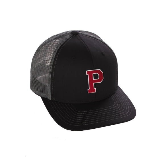 Structured Trucker Mesh Hat Custom Colors Letter P Initial Baseball Mid Profile (Black Charcoal White Red)