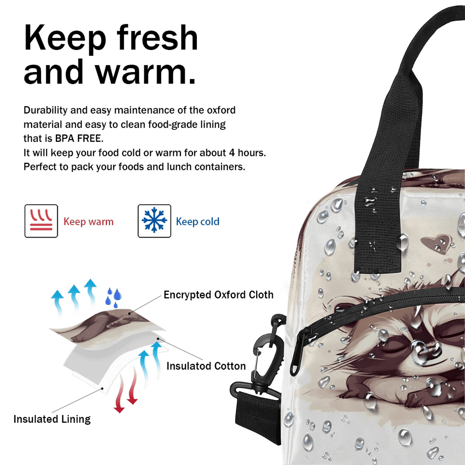 Herdesigns Raccoon Lunch Bag for Women Men Adult, Cute Large Insulated Reusable Lunch Box Leakproof Portable Cooler Tote Bags for Work Picnic Beach