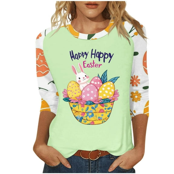Women Happy Easter Shirts Easter Bunny T-Shirt Casual 3/4 Length Sleeve Blouses Rabbit Top