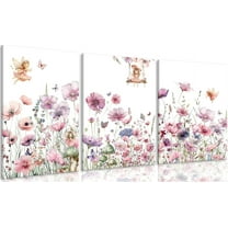 3Pcs Cute bunny Canvas Wall Art Colorful wildflowers Posters Prints Bunny Nursery Wall Decor Pictures Pink Baby Inspirational Animal Paintings for Baby Girl Room Bedroom