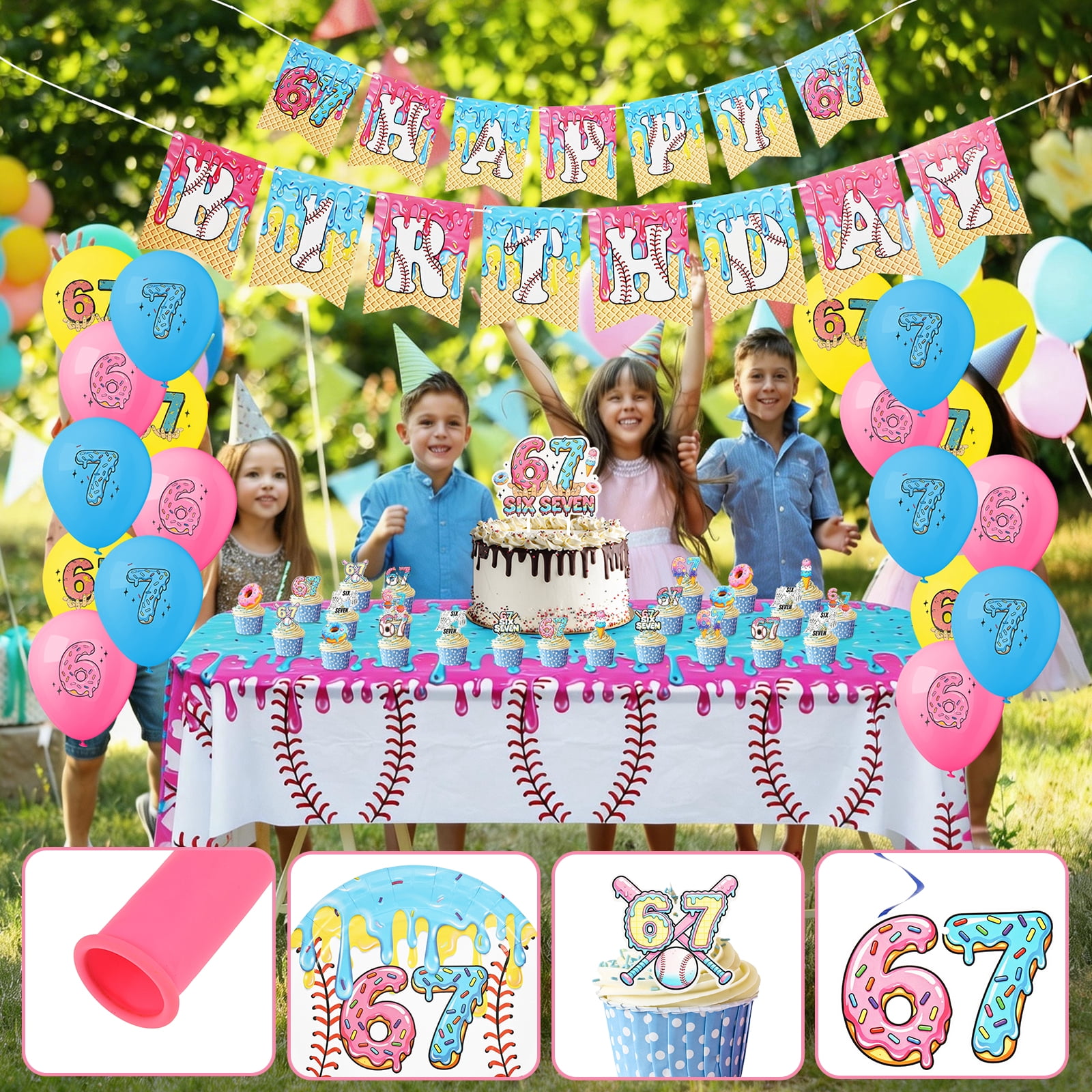 6 7 Birthday Party Decoration Set Reusable 6 7 Happy Birthday Decor Supplies with Balloon Banner Tablecloth Cake Topper for Themed Gathering
