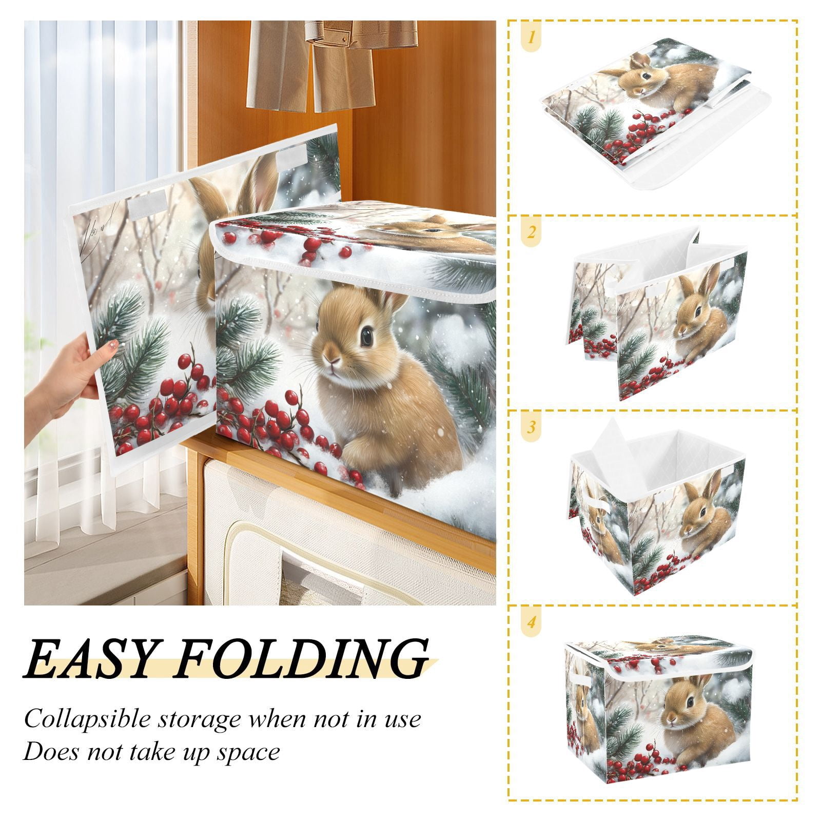 Snow Rabbit Easter Storage Basket for Shelves Foldable Container Organizer for Organizing Toys Clothes Books with Handles