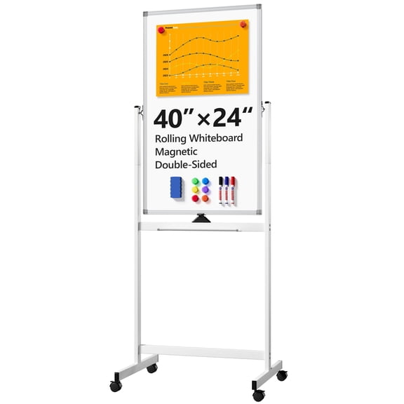 TACWILY 40x24 inch Rolling Whiteboard, Double-Sided Mobile Magnetic Dry Erase Board with Stand on Wheels for Home Office & School