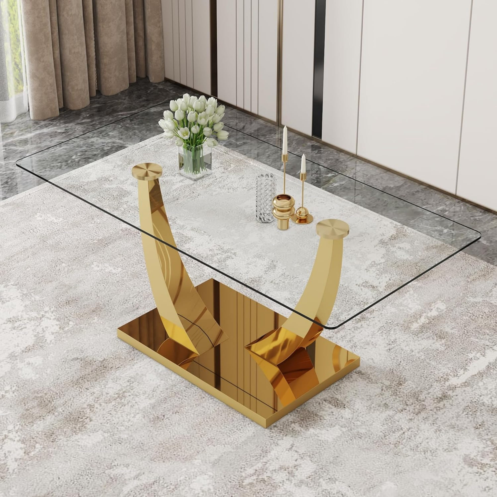 SUDICA 63 in Glass Dining Table, Rectangular Clear Tempered Top with Gold U-Shaped Base for Home Dining Room Office