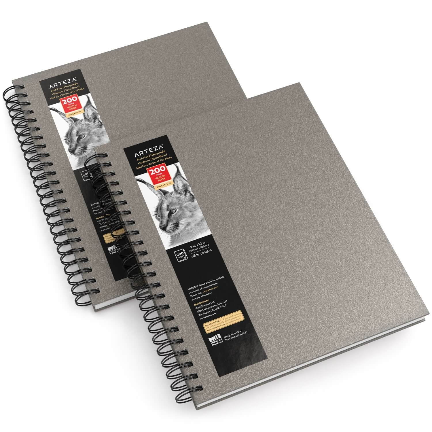 Arteza Sketchbook, Spiral-Bound Hardcover, Gray, 9x12, 200 Pages of  Drawing Paper Each - 2 Pack