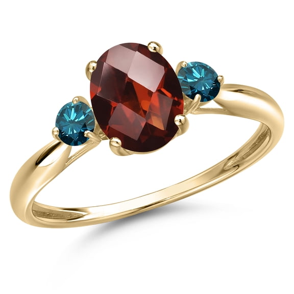 Gem Stone King 10K Yellow Gold Red Garnet and Blue Diamond 3-Stone Ring for Women | 1.73 Cttw | Oval Checkerboard 8X6MM | Gemstone January Birthstone | Size 8