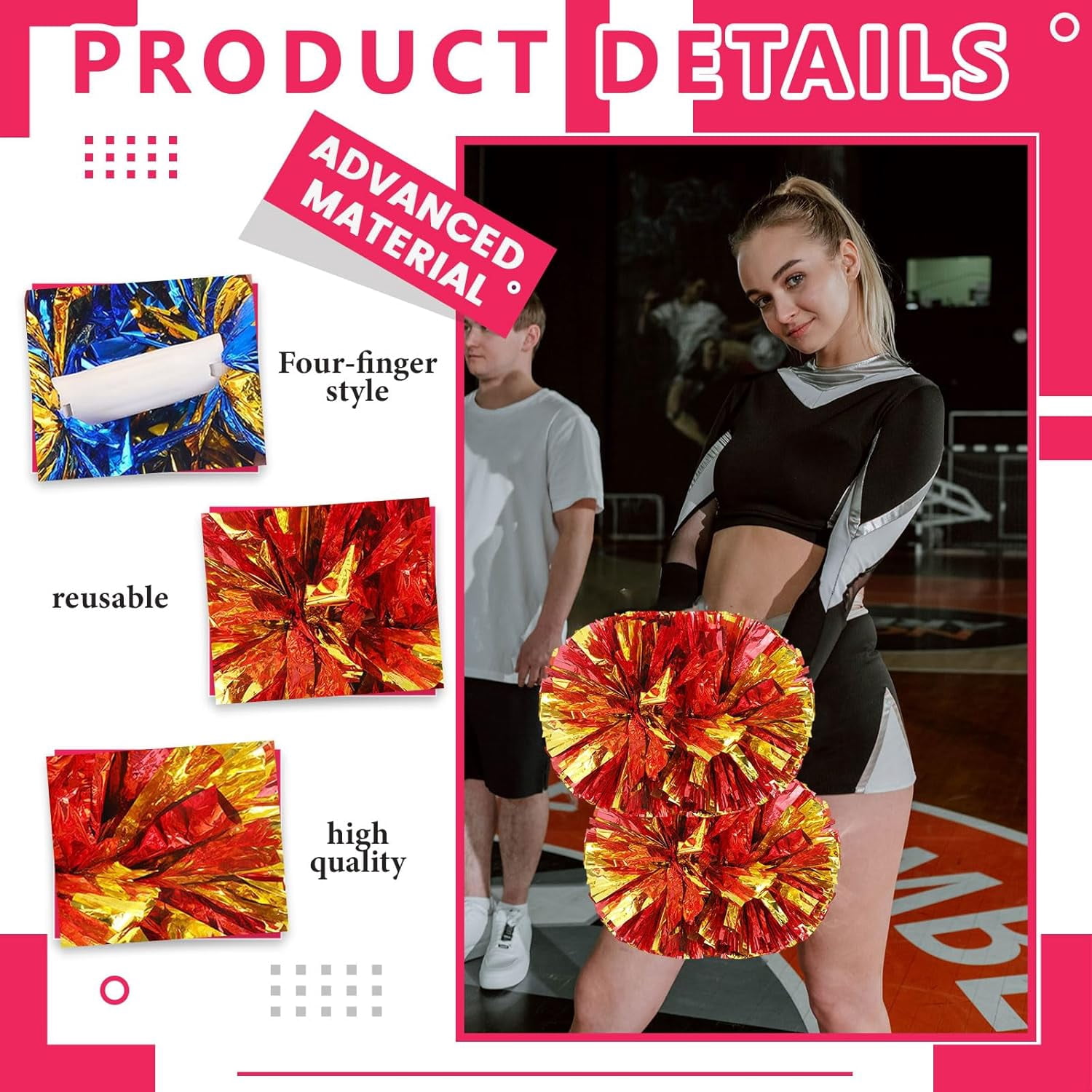 12 PCS pom poms Cheer, 13.8inch Sports Dance for Sports Team Spirit Cheering with Handle