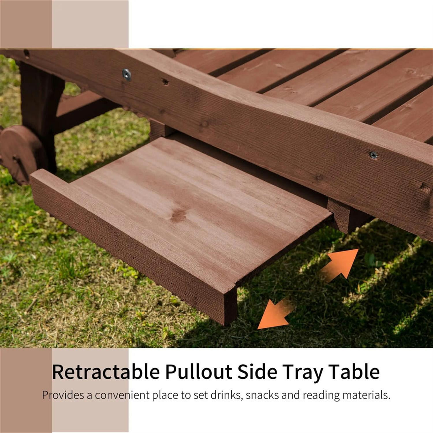 Demi Bonn Outdoor Wooden Chaise Lounge with 3-Position Backrest, Integrated Table & Casters for Beach Poolside Sunbather, Brown