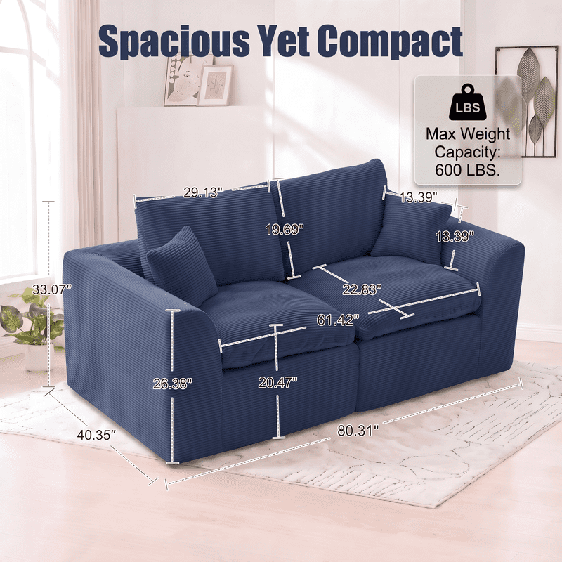 Gewnee Loveseat Sofa, Modular Cloud Couch, Corduroy 2 Seater Sofa with Removable Covers, No Assembly Required,Navy Blue