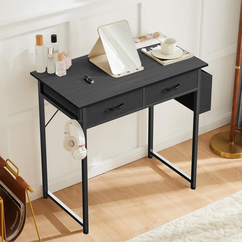 Kelno 32 Inch Computer Desk with 2 Fabric Drawer Storage Bag Iron Headphone Hook Vanity Writing Table, Black