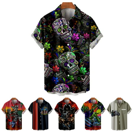 

LANLIN Skeletons Big Men s Aloha Button Down Shirts Loose Fit Slim-Fit Costume for Teen and Adult
