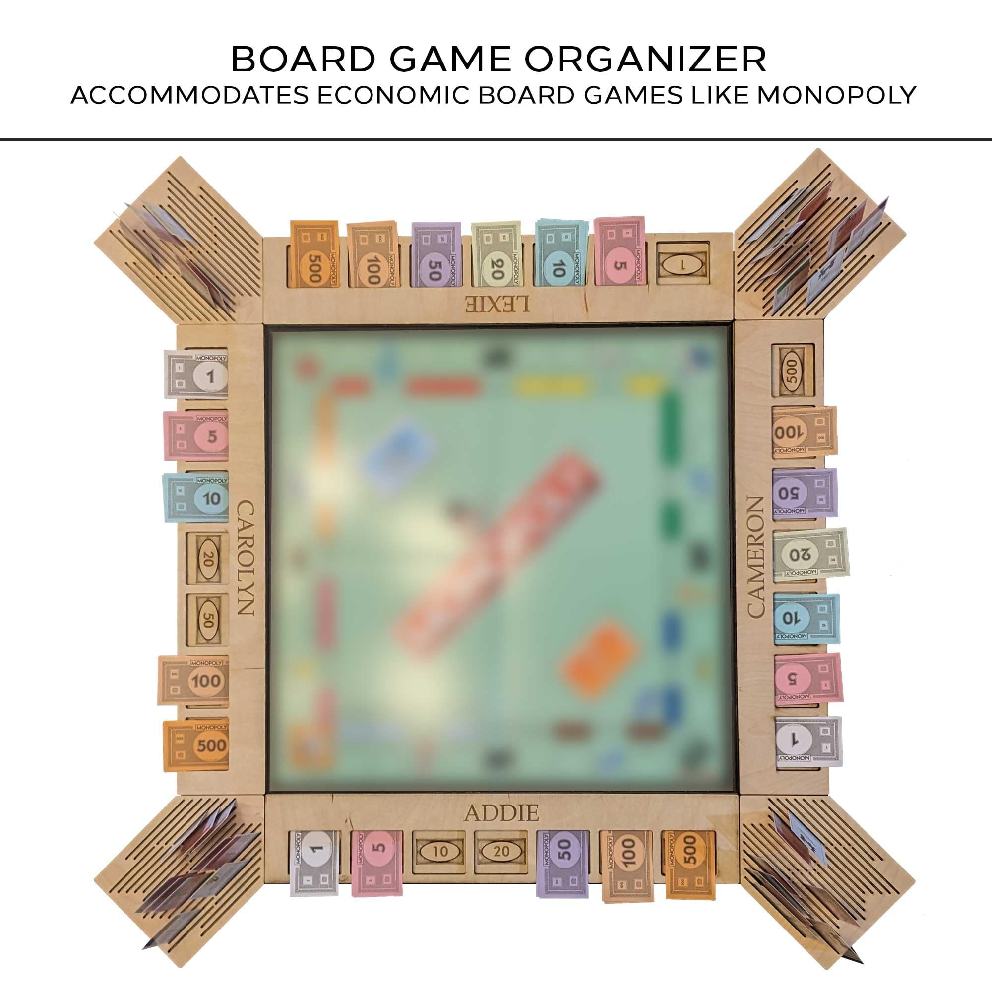 Custom Board Game Frame Personalized Game Board Organizer Compatible with Monopoly Board Game and Monopoly Game Pieces | Economic Themed Game Organizer | Complete Set | Red Oak