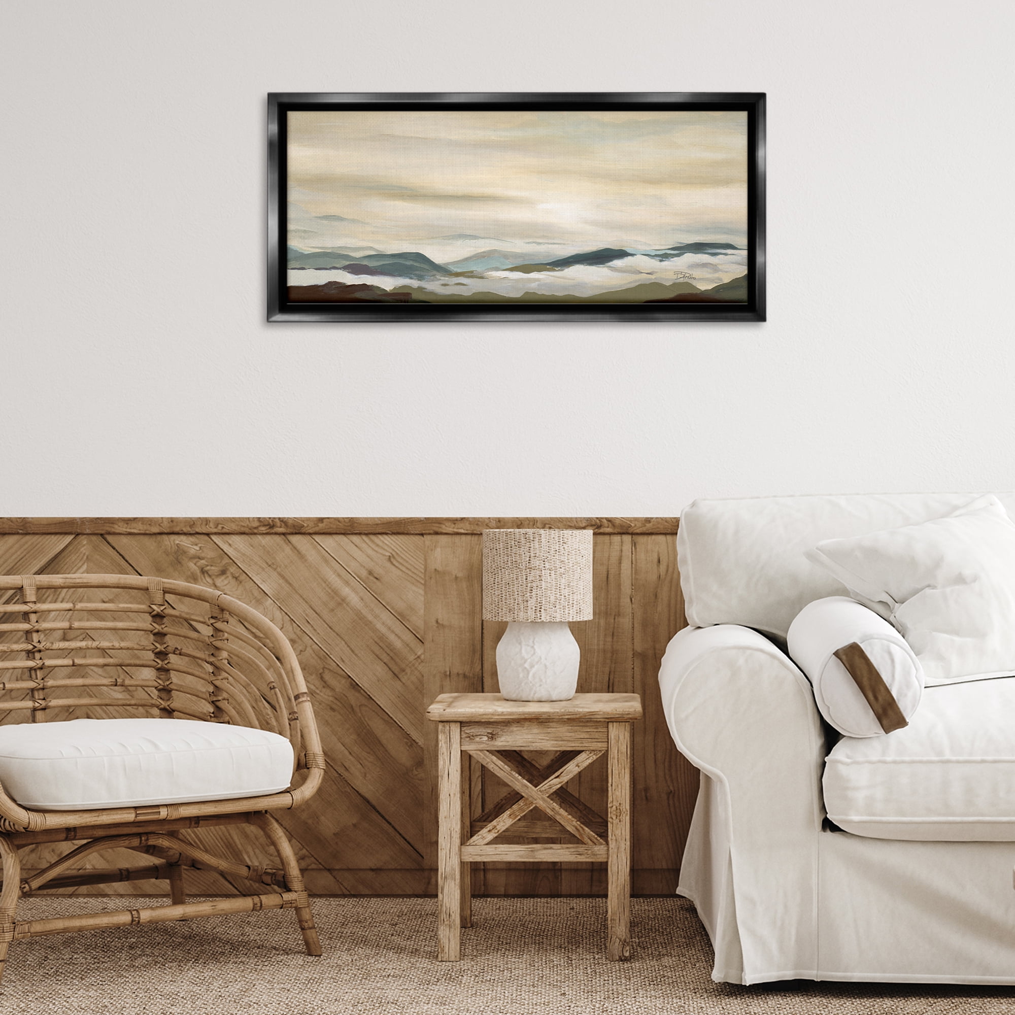 Stupell Industries Solemn Mountains Peeking Landscape Painting Black Floater Framed Canvas Art Print Wall Art, 31 x 14