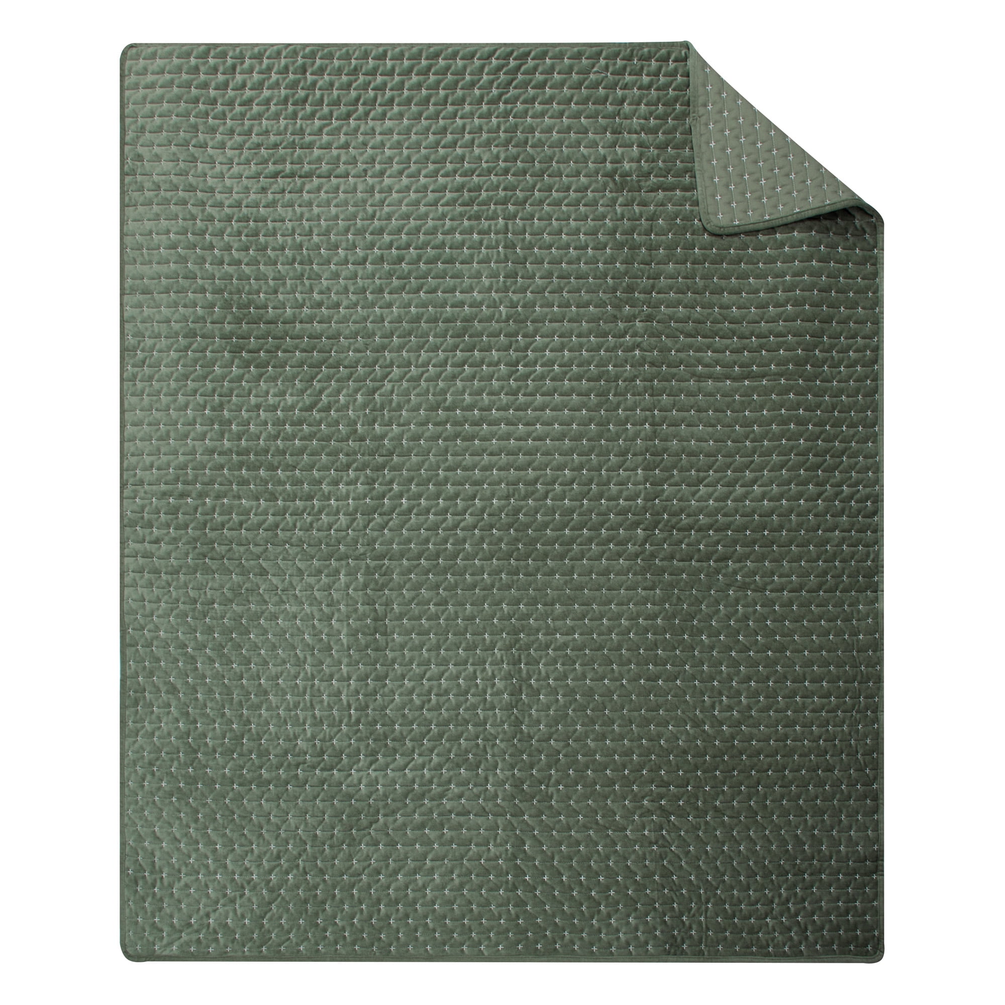 Levtex Home - Velvet Stitch - Throw - Cross Stitch Velvet - Green with White - Quilt (50x60in.) and Sham 50x60in. - Polyester