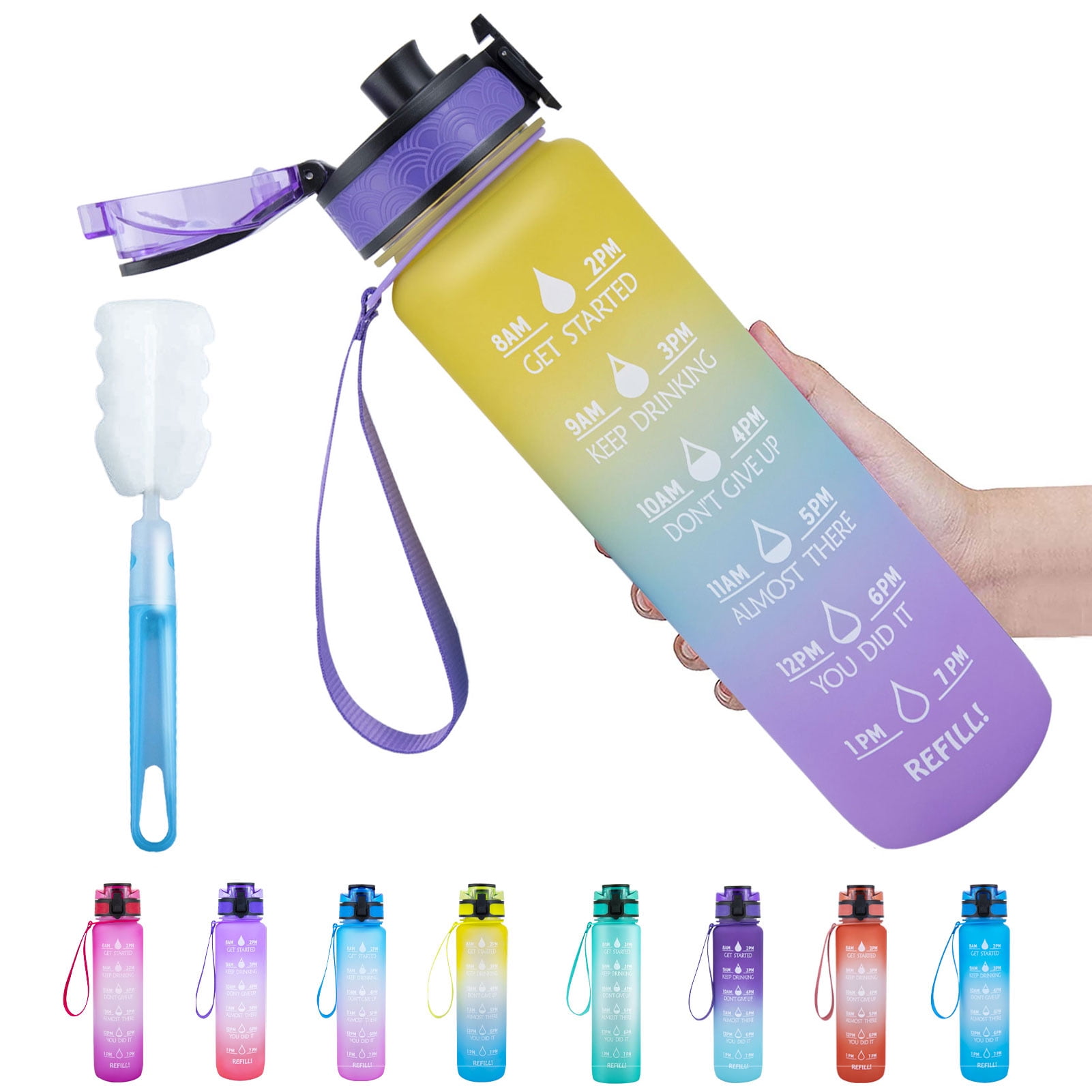 Motivational Water Bottle BPA Free 1L/32oz  Jug with Straw and Time Tracker 