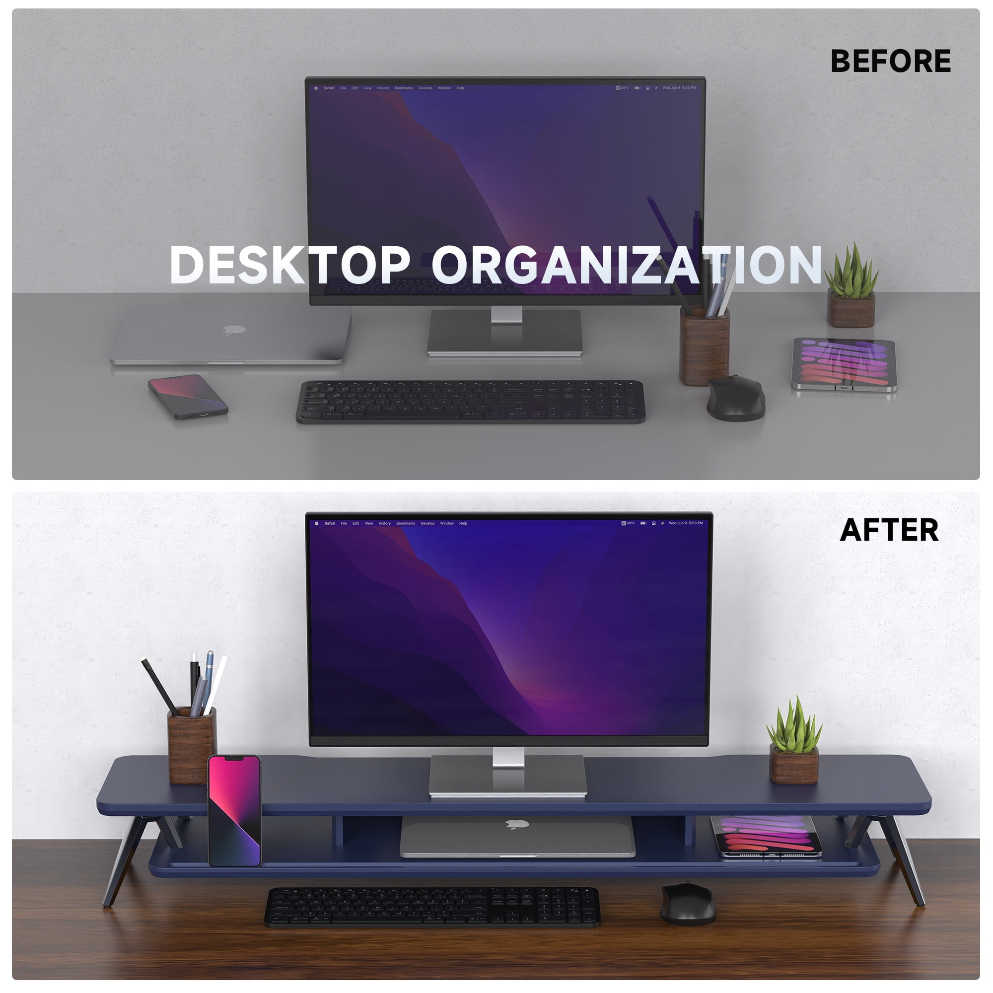 Dual Monitor Stand, 42.5 Inch Wood Desk Shelf with Storage Organizer and Cable Management for Office Desk Accessories