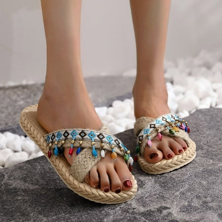 

FZM Women shoes Spring And Summer Imitation Straw Woven Women Flat Sandals And Flip Flops Beach Slippers