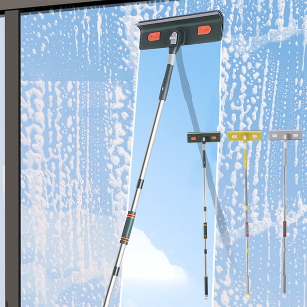 Limpiador de limpiaparillos para ventanas de cristal | Vara telescópica de acero inoxidable, cabeza de raspador desmontable | Diseño flexible giratorio de longitud ajustable | Verde, Amarillo, Gris