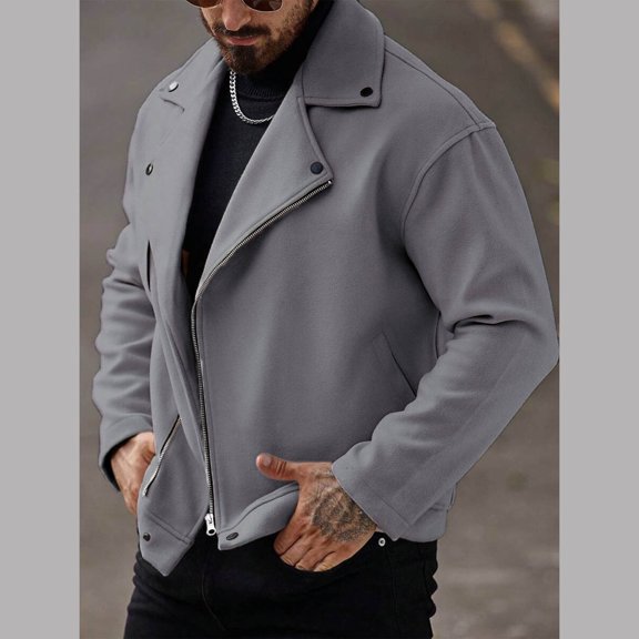 YueHuiYing Men's Casual Solid Zip Turn Down Collar Jacket Outerwear Daily Wear Long Sleeve Hoodless Coat