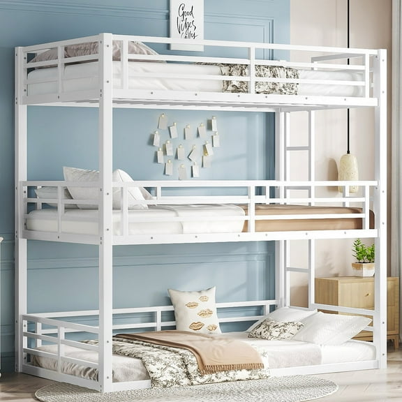 YDSM Twin over Twin over Twin Bunk Bed, Metal Triple Bunk Bed with Safety Guardrails, Heavy-duty Bunk Bed with Noise-reduced Design, White