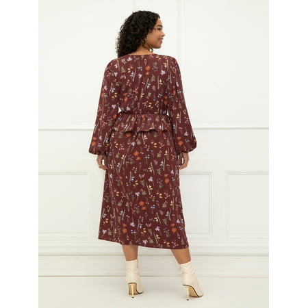 ELOQUII Elements Women's Plus Size Mixed Print Midi Dress With Peplum