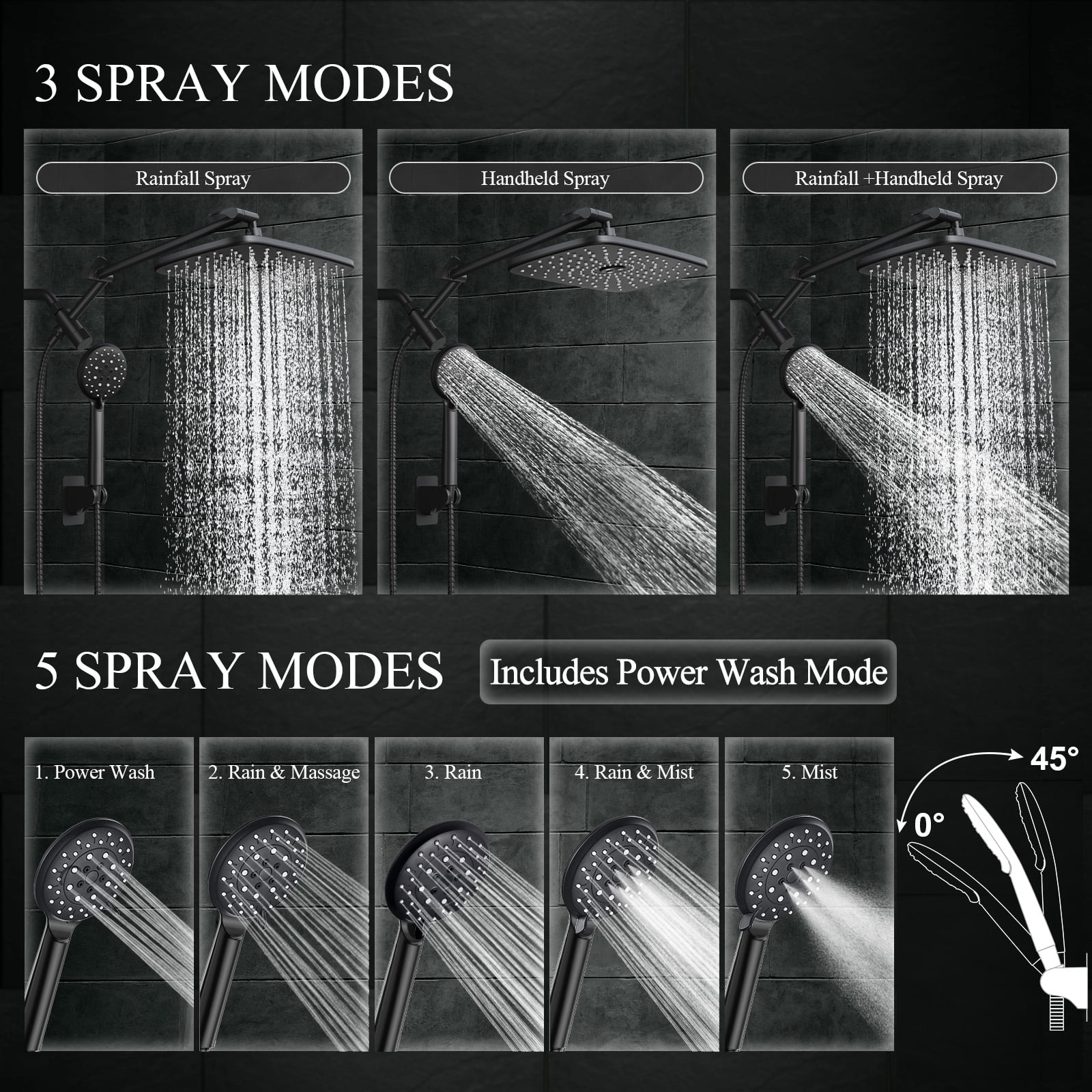Veken Wide Rain Shower Head with Multi-Modes Handheld Water Spray,High Pressure Showerhead Combo with Arm for Bathroom Accessories,Home Decor Adjustable Dual Shower with Anti-Clog Nozzles,Matte Black