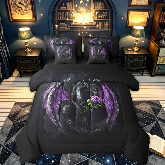 meiyoeat Romantic Gothic Dragon Twin Bedding for Boys, Purple Rose Floral Animal Bedding Comforter Set, Dark Plum, Black Reversible, 7pcs
