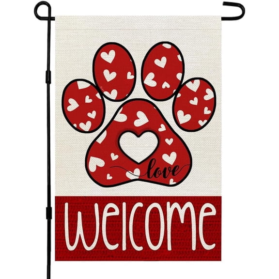 Valentines Day Paw Print Garden Flag Double Sided Burlap 12x18 Inch Small Welcome Red Heart Holiday Outdoor Yard Decoration