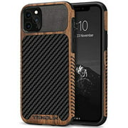 TENDLIN Compatible with iPhone 11 Pro Max Case Wood Grain with Carbon Fiber Texture Design Leather Hybrid Case
