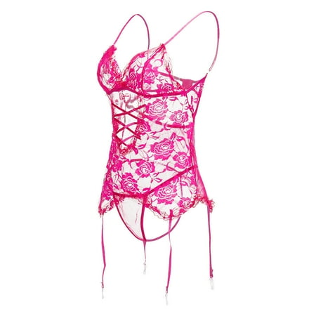 

UDAXB Lingerie Plus Size Solid Lace Floral Lace Up Lingerie Set With Wristband Underwear