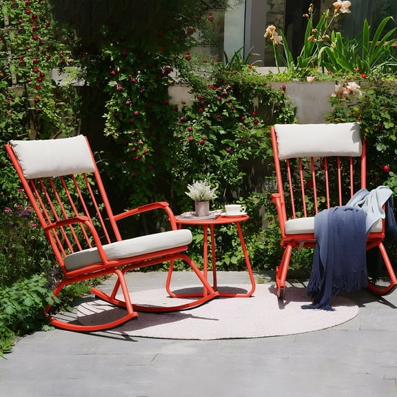 LIFERECORD 3-PieceOutdoor Rocking Chairs Set for 2 with Thick Cushions and 18-inch Small Round Table, Steel Patio Conversation Set for Backyard, Porch, Deck - Easy Assembly Red
