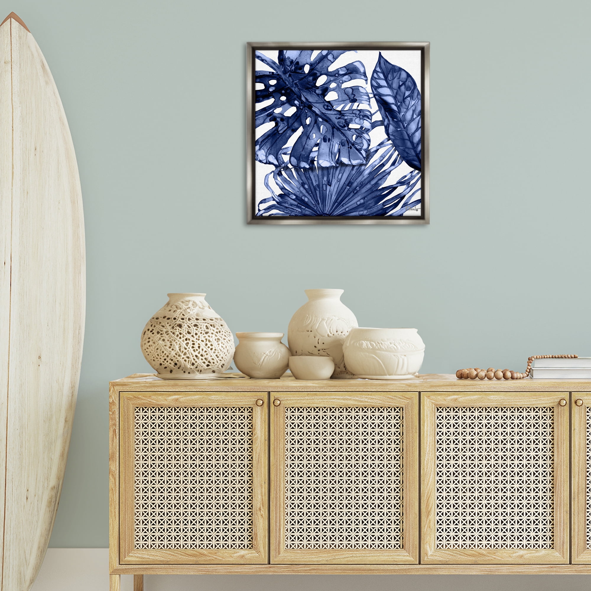 Stupell Industries Blue Hued Palms Botanical & Floral Painting Gray Floater Framed Canvas Art Print Wall Art, 25 x 25